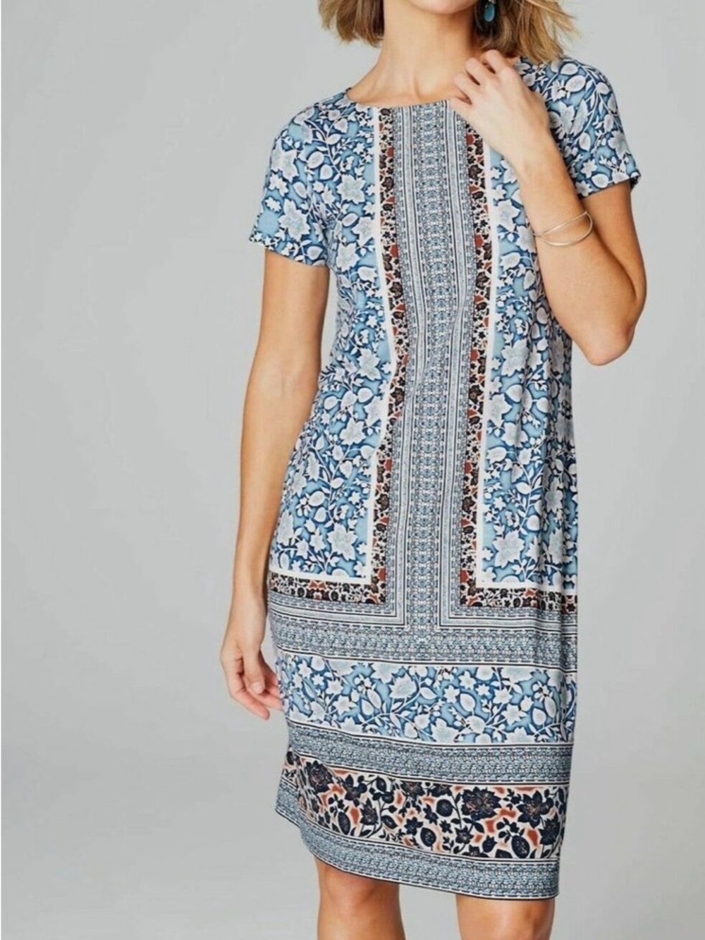 J Jill Womens Blue Floral Mix Print Short Sleeve Sheath Dress Size XL Rayon